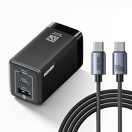 NOHON 合計3ポートUSB充電器（65W、2×USB-C＆USB-A） 140W Type-C 120cm 充電ケーブル付き 1,519円！プライム会員は送料無料！